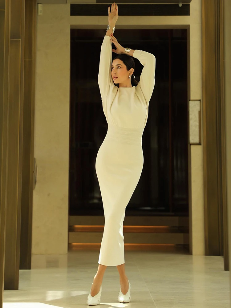 PB Frühherbst Neues weißes langes Kleid – langärmliges, schmal geschnittenes Abendkleid für Cocktailpartys und formelle Anlässe, Urlaubs-Vestid