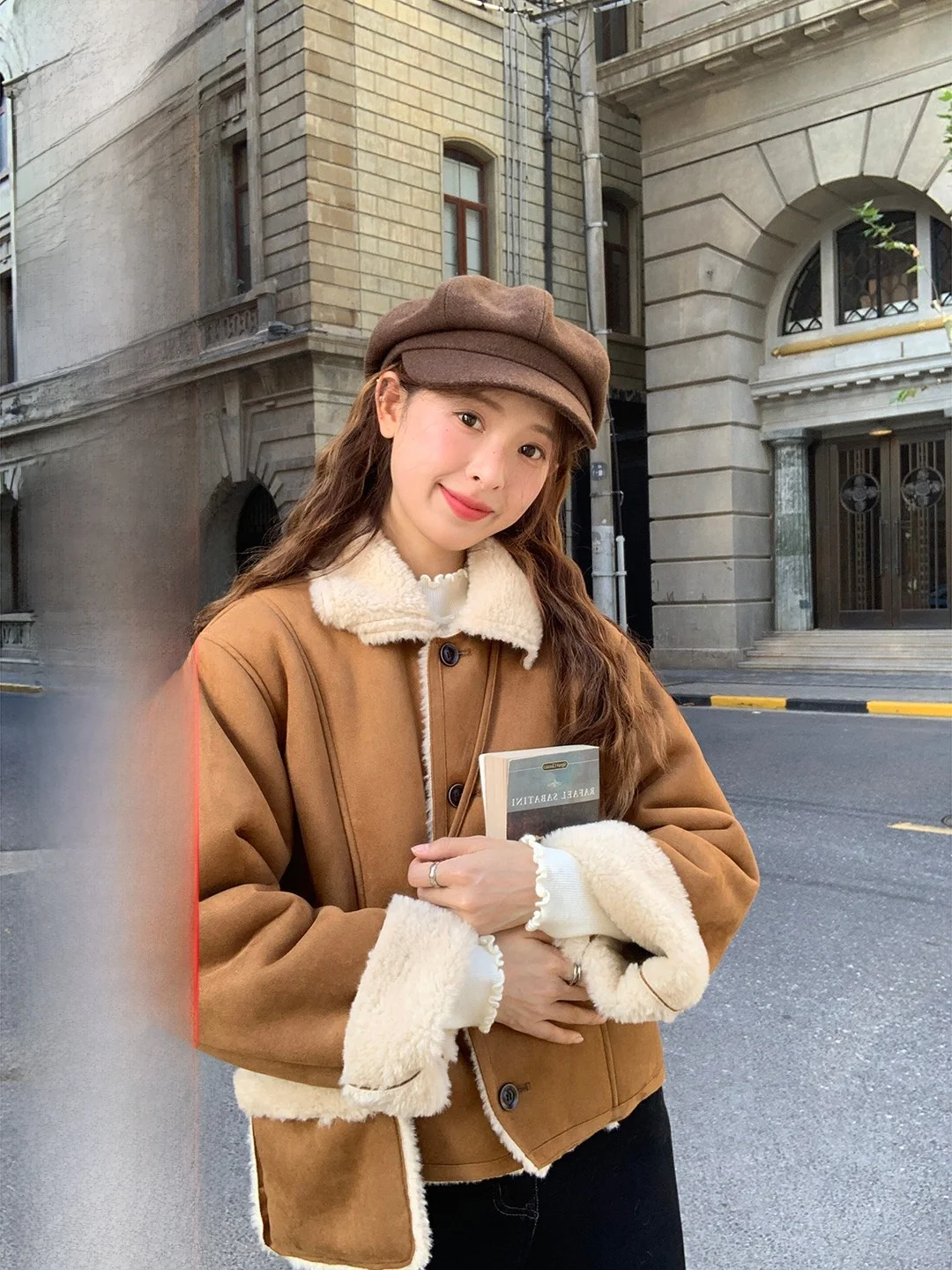 

Land Xiao Tu Tan Quilted Suede Jaet Korean Sle Vintage Faion Anti-Aging Top Casual Flip Collar Long Sve Loose Fit