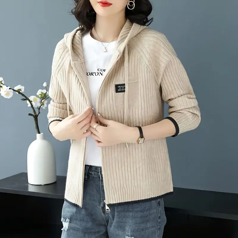 Женская мода 2024, весенне-осенняя вязаная бейсбольная куртка - короткая толстовка с капюшоном на молнии, корейский модный дизайн