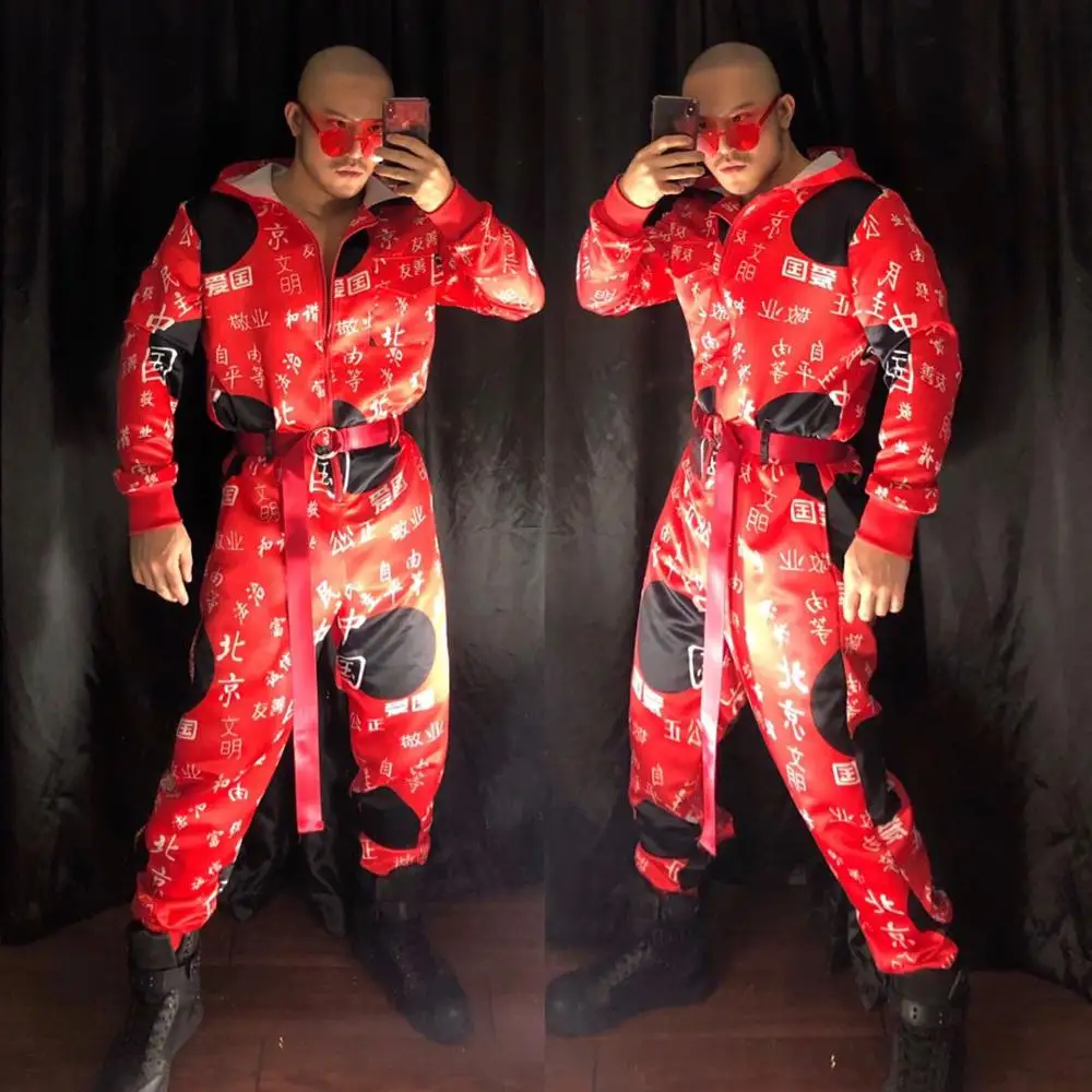 

New Man Red Printed Jumpsuit Nightclub DJ Singer Hip Hop Rock Dance Outfit Stage Wear Bar Club Party Costume