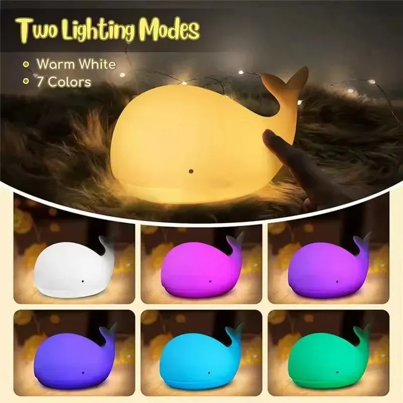 

Rechargeable Cartoon Whale RGB LED Night Lights Silicone Light Atmosphere Lamp Bedroom Bedside Decor for Kids Baby Holiday Gifts