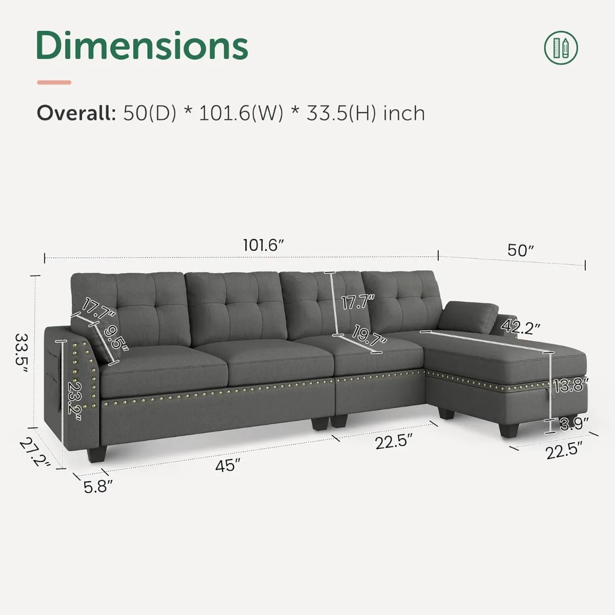 HONBAY Reversible Sectional Sofa L-Shape Sofa Convertible Couch 4-Seater Sofas Sectional for Apartment Dark Grey