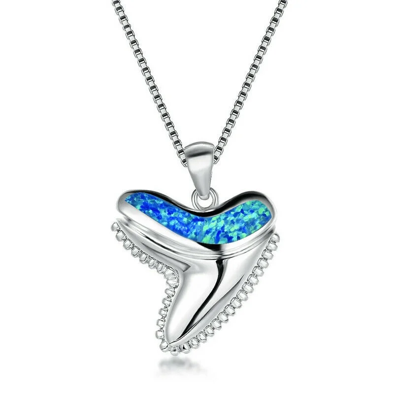 Blue Simulated Opal Turtle Crocodile Tooth Shape Pendant Silver Necklace
