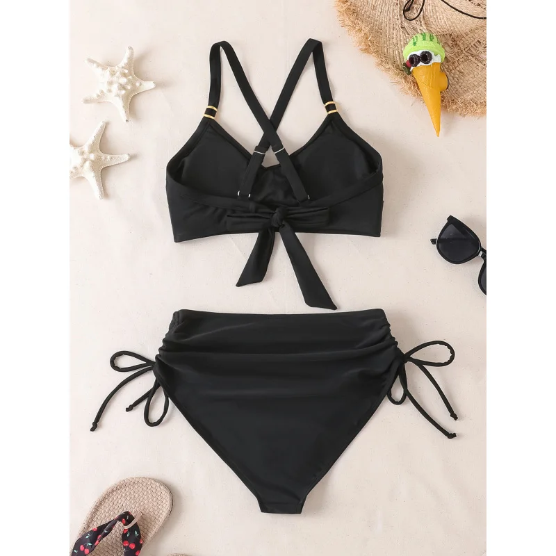 2Two-Piece Swimsuit Set Drawstring Bikini Cross Tie Sexy Swimwear Set Hot-Selling Solid Color Bikini Set