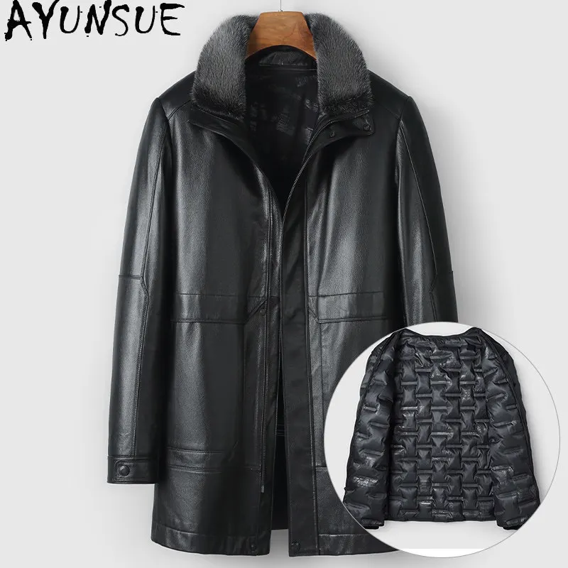 

AYUNSUE Real Fur Coat Man Winter 100% Cowhide Genuine Leather Jacket Men Luxury Detachable Fur Liner Warm Coats Mink Fur Collar