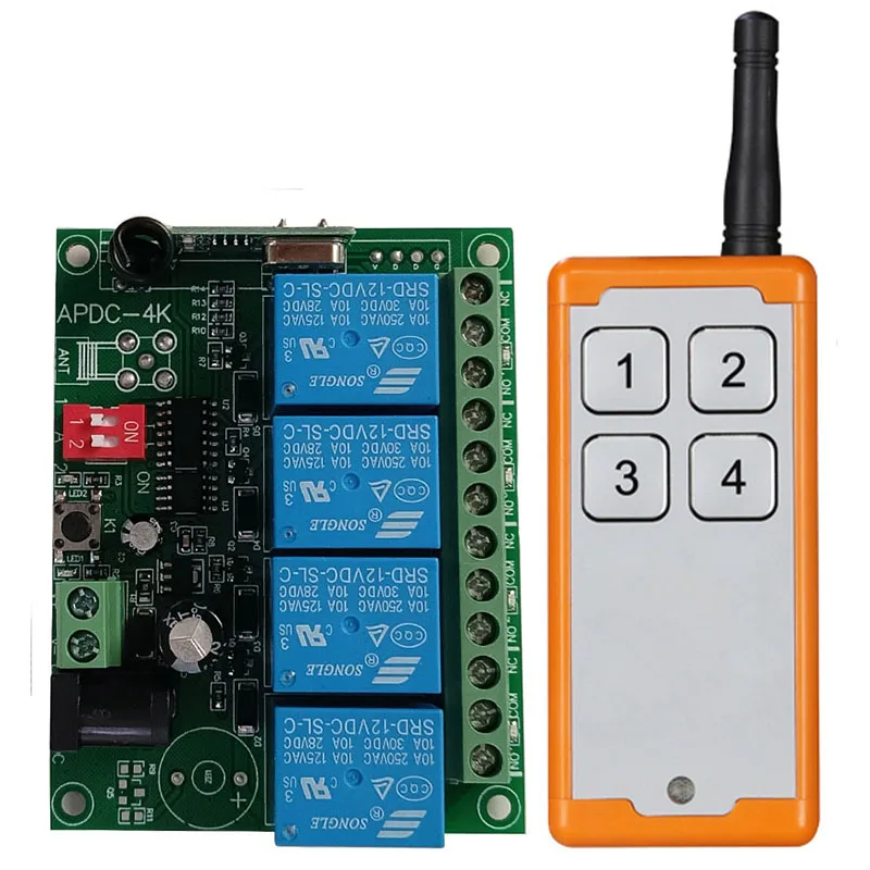 433MHZ Ndustrial DC 12V 24V 4CH RF Wireless Remote Control Switch Radio Receiver With 20-1000M Long Distance Remote controller