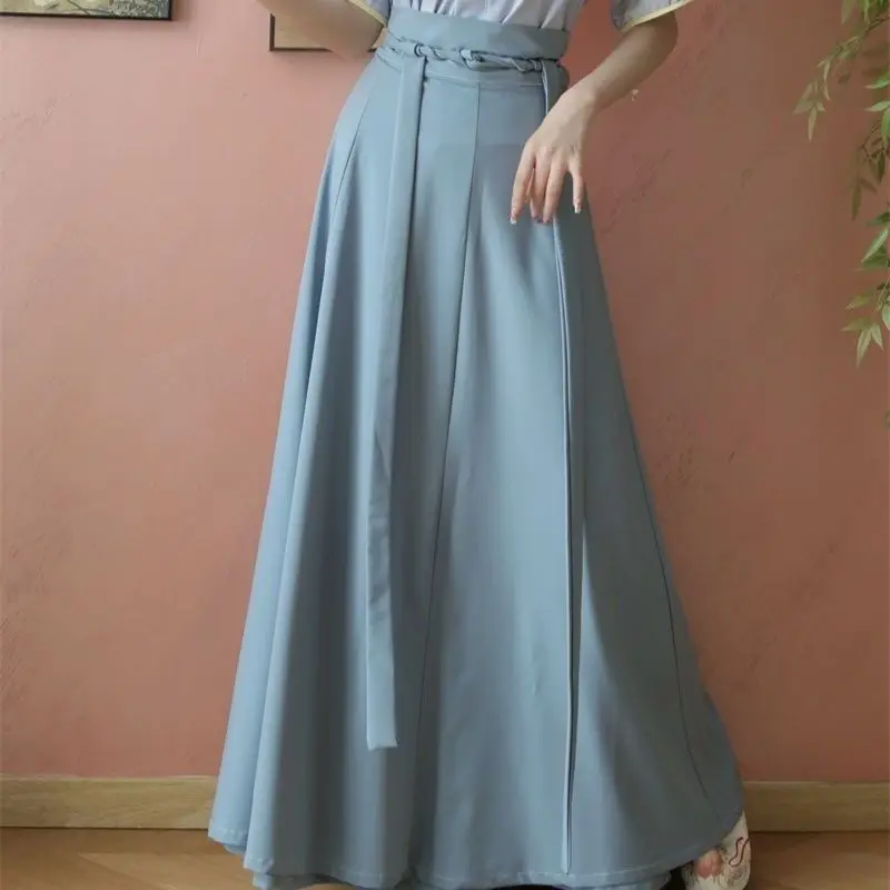 تنورة Hanfu ذات ثمانية ربطات عنق، تنورة من قطعة واحدة بطول الخصر، مناسبة يومية مع لون خالص، متعددة الاستخدامات للتنقل