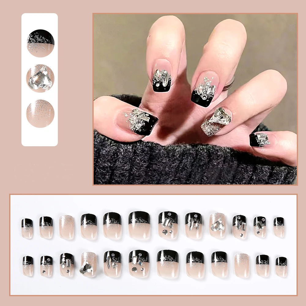 24Pcs Short Square Ballet False Nails Glitter Heart Diamond Fake Nails Full Cover Wearable Press on Nails Artificial Fingernails