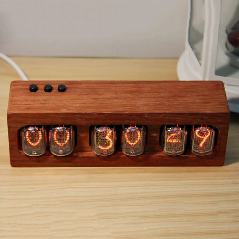 In12 Nixie Tube Clock Retro Zegar stołowy Drewno Czerwone palisander Elektroniczny pulpit Glow Tube Zegary Biurko Cyfrowy zegarek Pomysły na prezenty