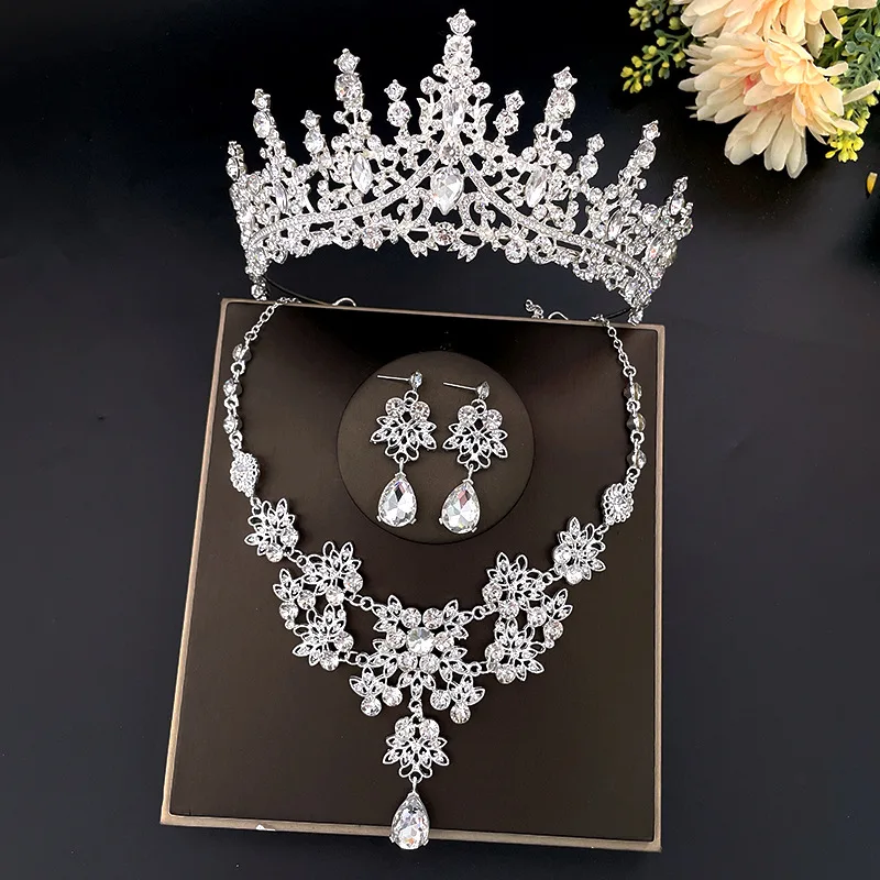 Bridal Crown Tiara Necklace Earrings Set Shining Headband Hair Accessories for Wedding Pageant Prom Princess Queen Theme Party