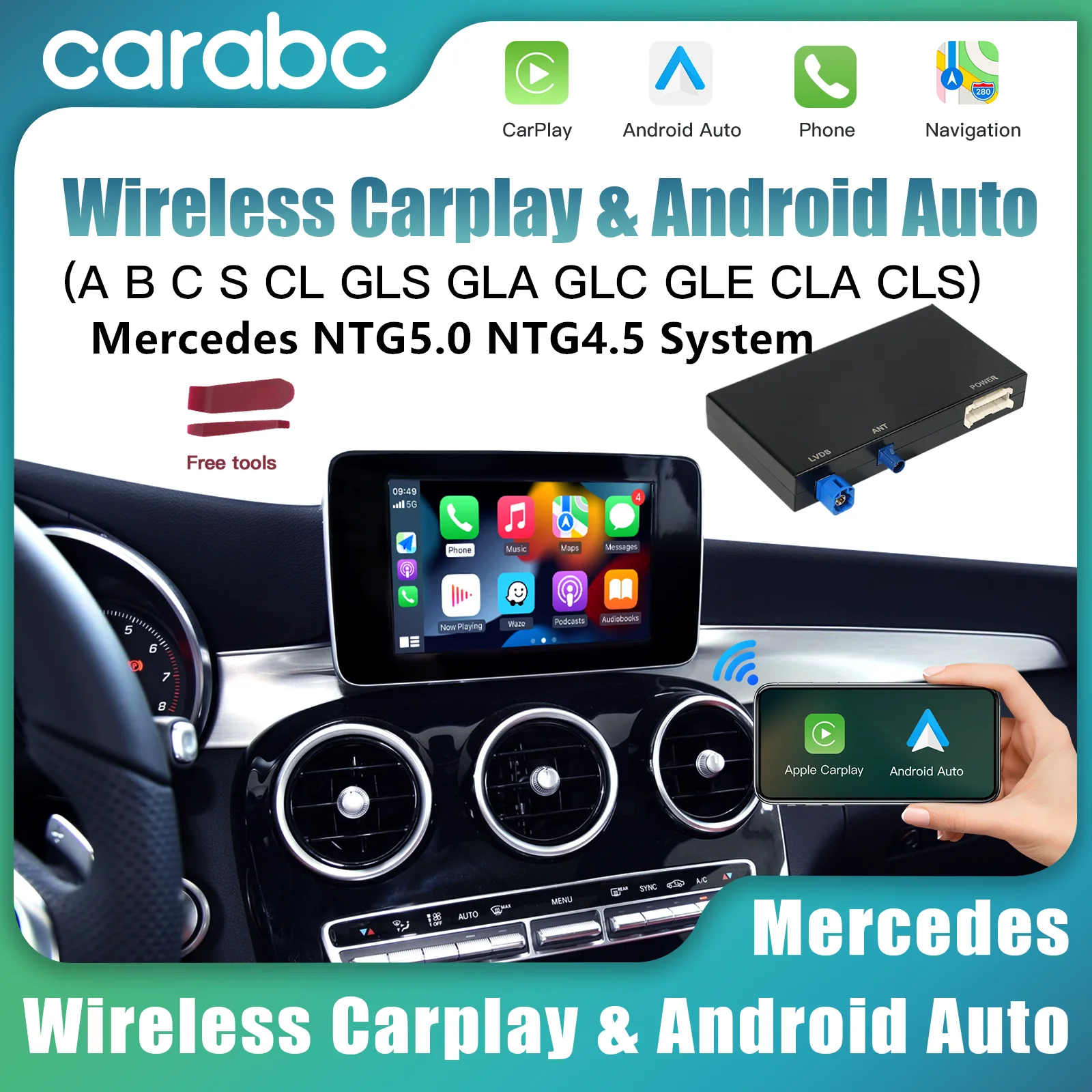CARABC – CarPlay sans fil Android Auto, pour Mercedes NTG5.0 NTG4.5 A B C CL S CLA CLS classe GLA GLS GLC GLE V250 V260 Sprinter