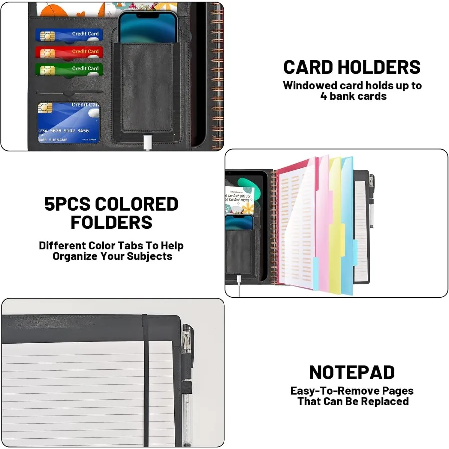 Leather Spiral Padfolio Padfolio for Men with clipboard with a Mirror 5 Folders with 10 Pots Portfolio Binder Clipboard with St