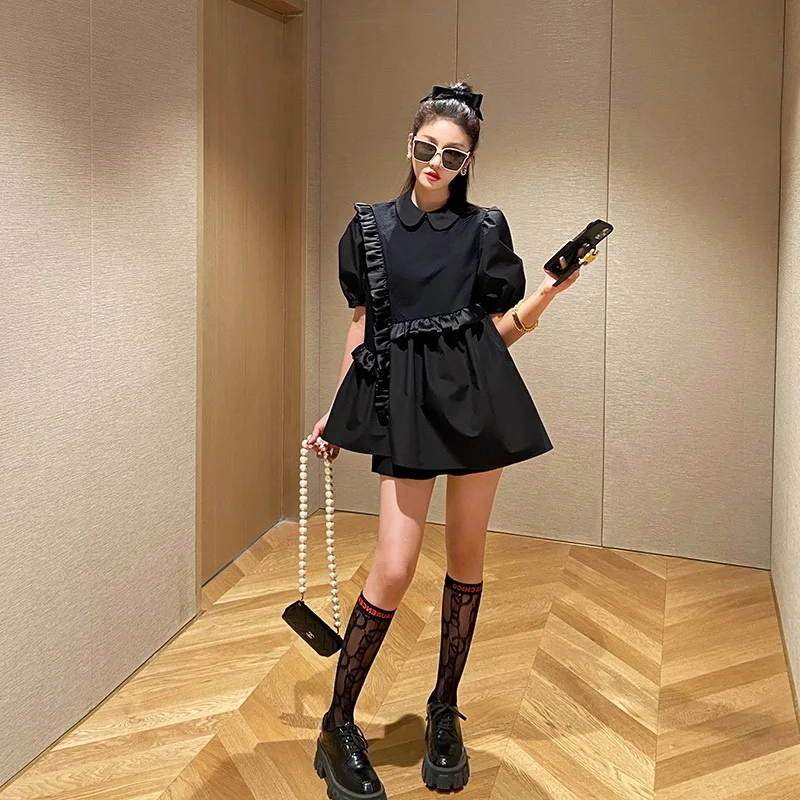 

Xiaojingjia's Same French High Waist Slim Doll Neck Short Sleeve Shirt Top Design Sense Small and Westernized