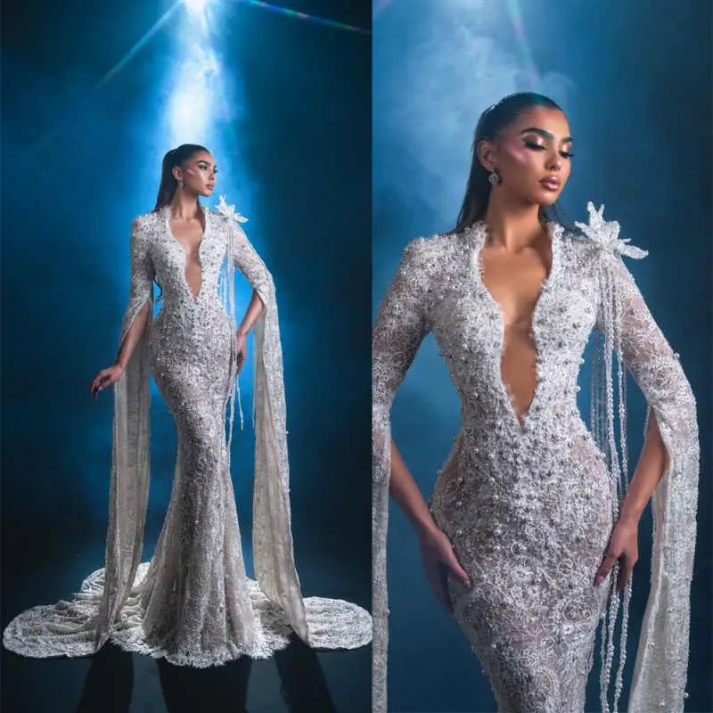 

Customized Mermaid Wedding Dress Pearls V Neck Long Sleeve Bride Gowns Lace Beading Bridal Dresses