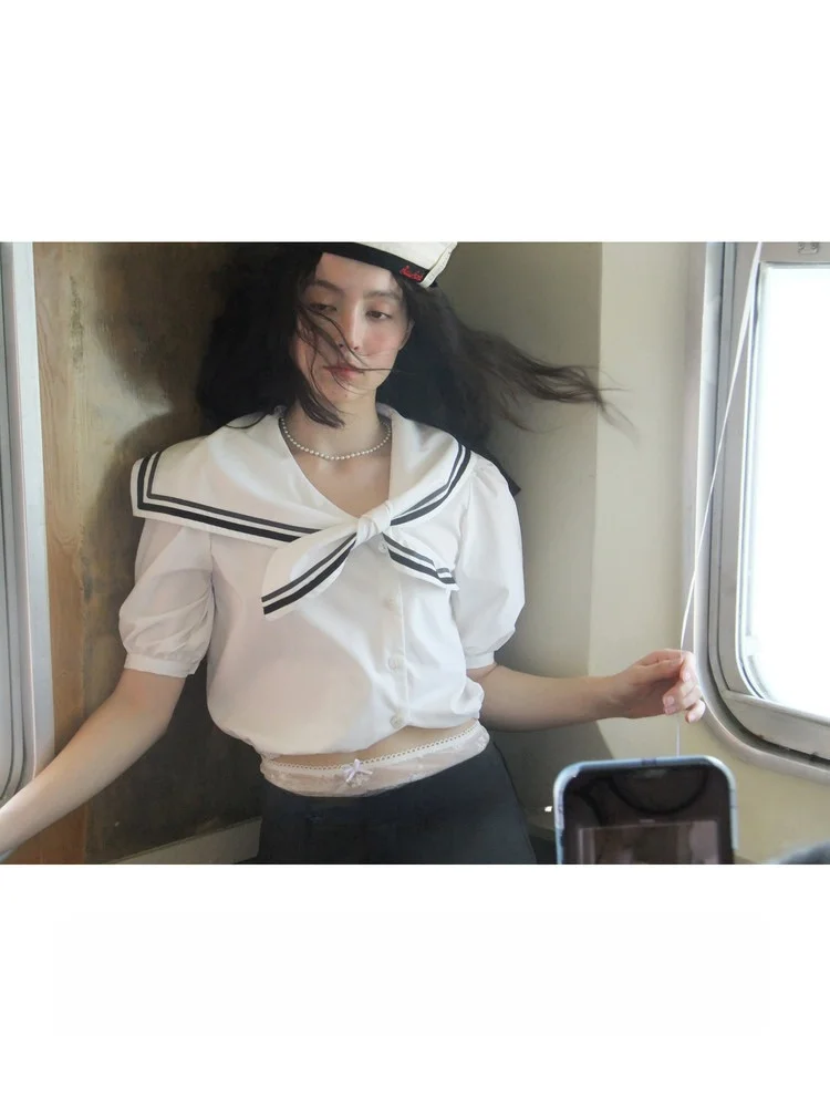 

Женская приталенная рубашка с воротником-стойкой и рукавами-фонариками, короткая, из хлопка, в корейском стиле, прямого кроя, для повседневной носки