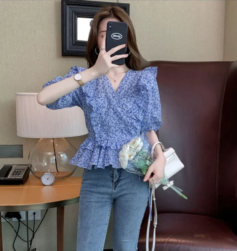 Clothes Floral Womens Shirt & Blouse V Neck Tops for Women Ruffle Frill with Puffy Sleeves Bow Korea Stylish Cute and Elegant M