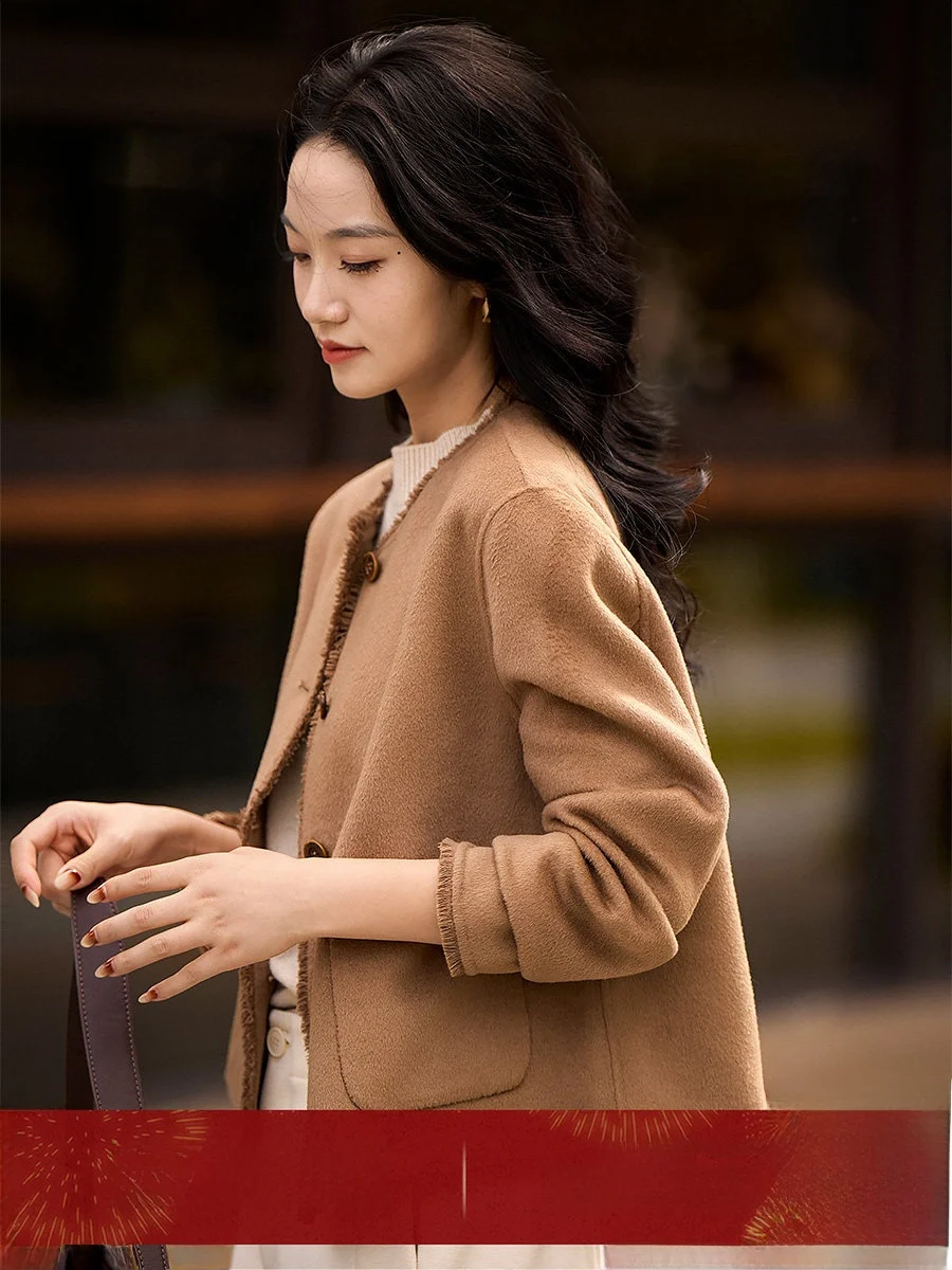 

Женское двустороннее шерстяное шелковое пальто Ele: модное, художественное, теплое, с длинными рукавами, круглым вырезом, на пуговицах спереди