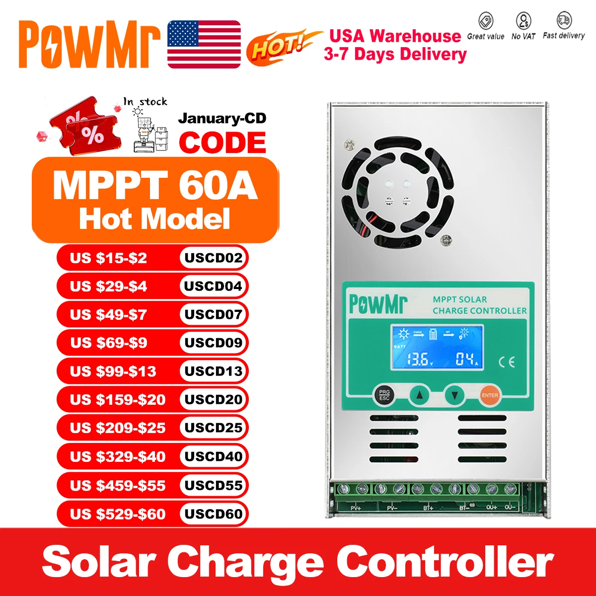 PowMr MPPT 60A controlador de carga Solar retroiluminación de descarga 12V 24V 36V 48V Auto para Panel de células solares Nicd Li de Gel sellado ventilado