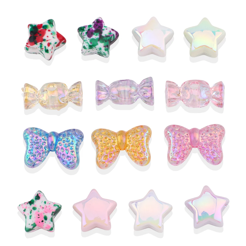 10pcs/lot Bow Buttefly Candy Star Acrylic Beads Mix Color for Jewelry Making Accessories DIY Earrings Keychain Beaded Material