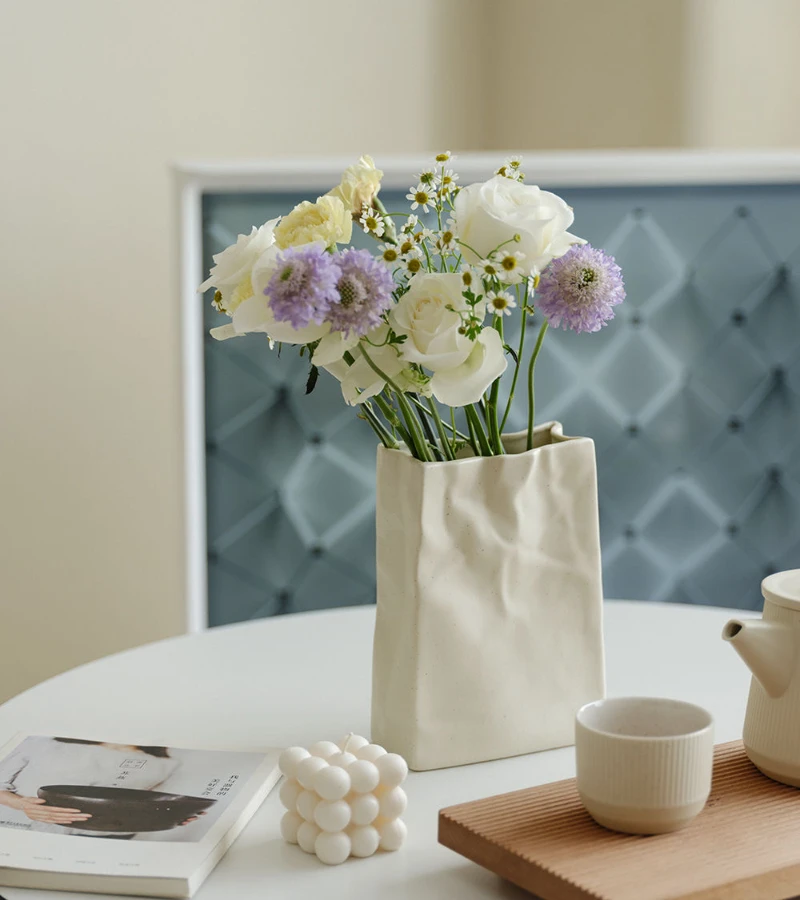 

High Beauty Vase Home Decoration Cream Crease Paper Bag Ins Style Creative Decoration Flower Arrangement Living Room Decoration