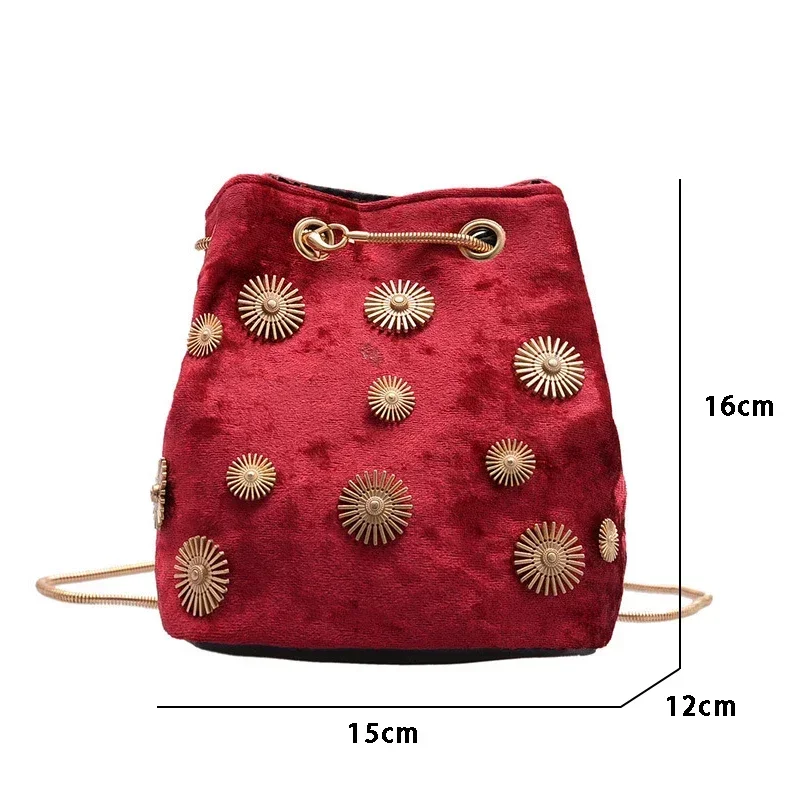 New Women\'s Shoulder Bags Bucket Bag Elegant Velvet Handbag Tote Crossbody Bag with Golden Chain Shoulder Strap