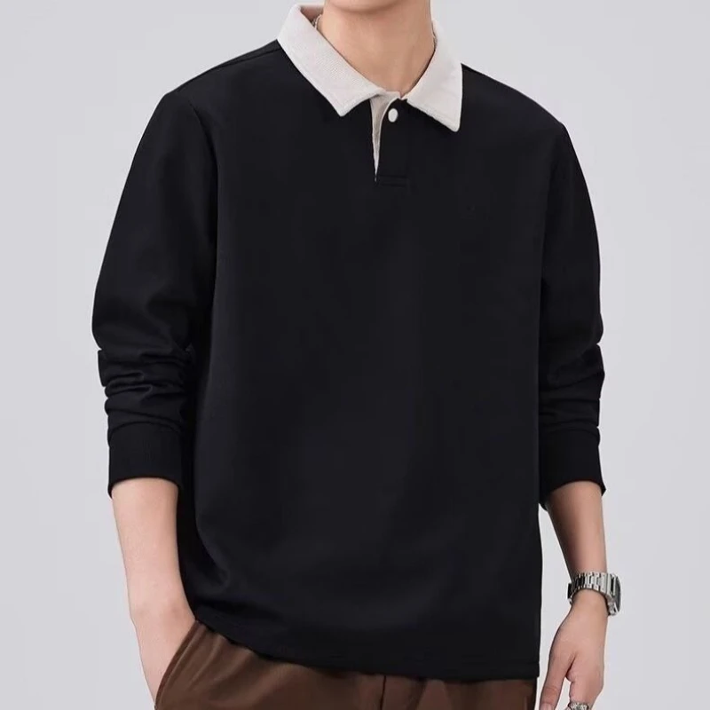 Men's Vintage Color Block Long Sleeve Polo Shirt Korean Style Loose Fit Collar Sweatshirt Casual Fall Base Layer Tops