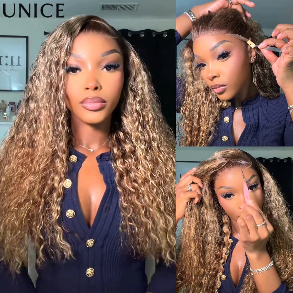 UNice Honey Blonde Highlights Water Wave Wig Side Part 13x4 Bye Bye Slip™ Lace Frontal Human Hair Wigs 150% Density