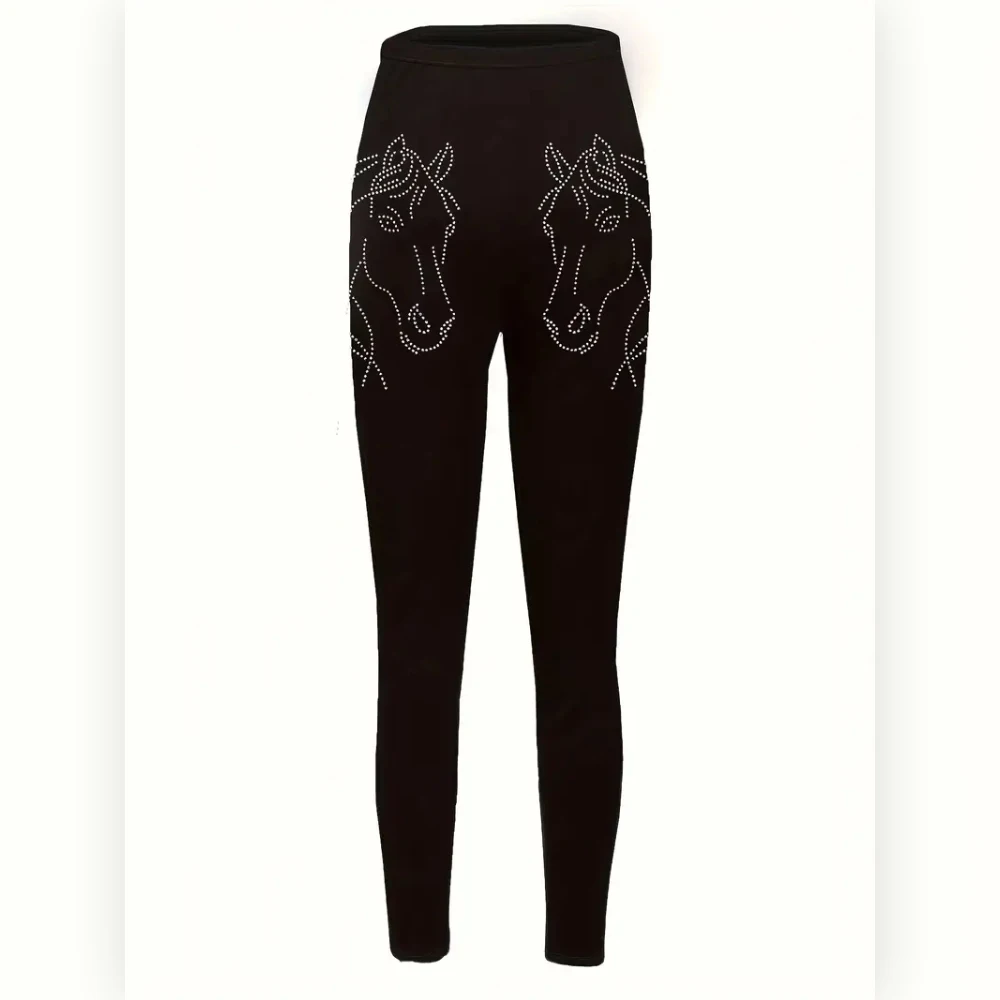 Horse-head print elastic elastic waist slim casual leggings for women