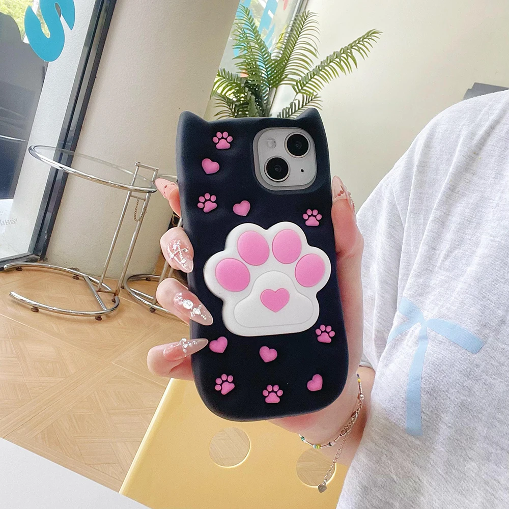 Funny Meow Meow Cat Paw Case For iPhone 11 12 13 14 15 Pro Max Soft Silicone Cover With Stand Holder