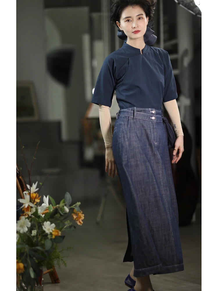 

Adjustable Button Classic Retro Deep Blue Denim f Skirt Versatile Ladies mid Waist Cotton Straight Cut Daily Wear Skirt