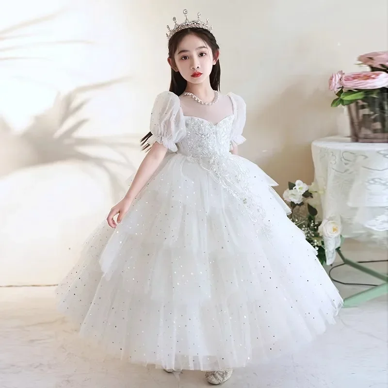 2024 New Pink Super Immortal Pengpeng Sha Princess Flower Girl Piano Performance Dress Little Girl Model Walk Show Dress