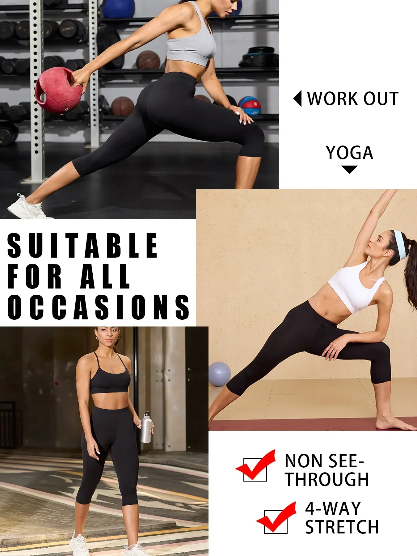 3 Pack Women's Super Soft Capri High Stretchy Breathable Sports No See Through Workout Running Yoga Push Up Gym Fitness Leggings