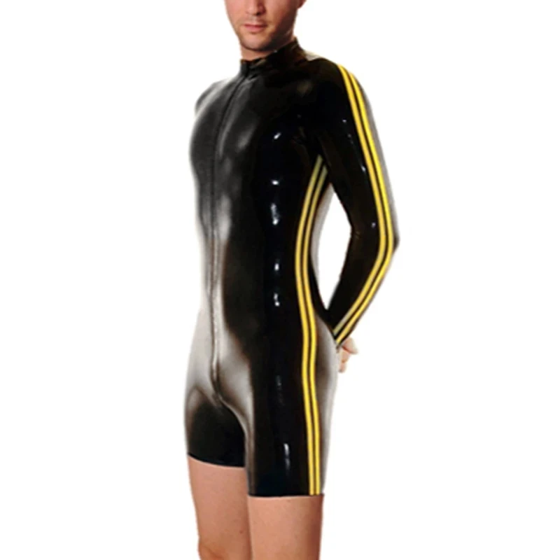 

Black and Yellow Strips Sexy Latex Surfsuit Catsuit Front Zipper Long Sleeves High Collar Rubber Bodysuit Zentai Body Suit