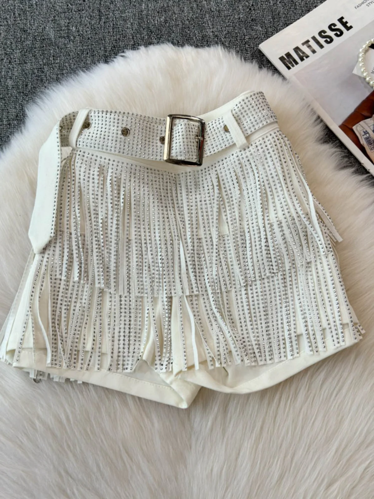 Black Fringed Short Pants Women's Diamond Embellished Mid-Waist Fashionable Sexy Dance Denim Hot Pants Casual Pants