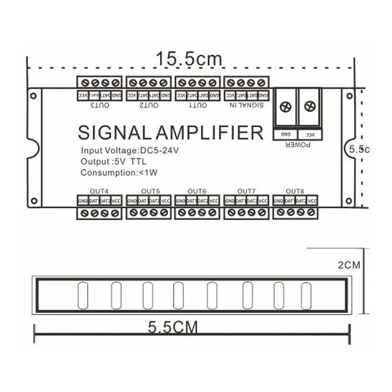 8 channels signal Amplifier Support multiple ICs: WS811/WS2812B/1903 compatible with 5V-TTI signal dual signals.DC 5V-24V Input