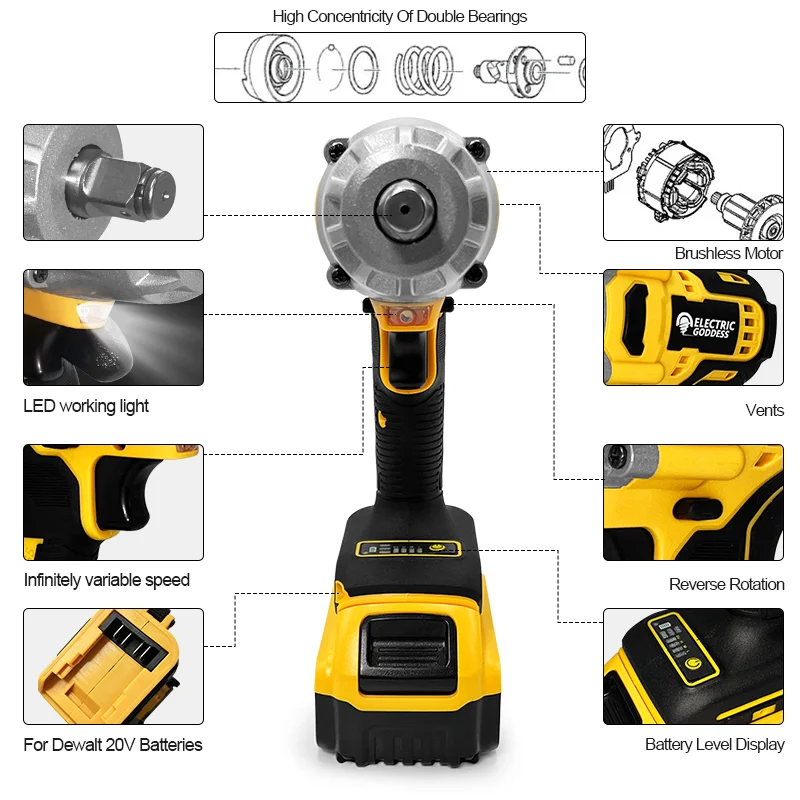 Imagem -02 - Deusa Elétrica Chave de Impacto sem Fio Torque Máximo 1800nm Remoção Driver Elétrico Ferramenta Elétrica Reparo Roda Carro para Bateria Dewalt