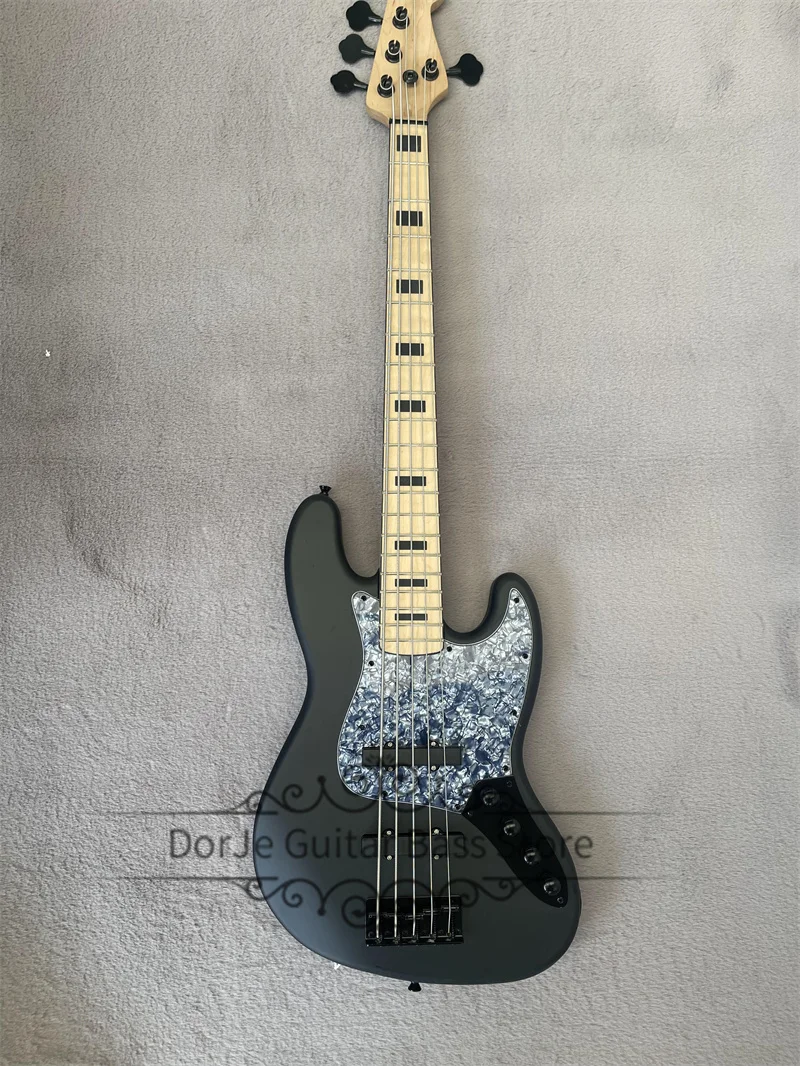 Matte Black Bass 4 Strings Bass Guitar Maple Neck Basswood Body Grey pearl Pickguard Fixed Bridge Black Tuners Active Battery