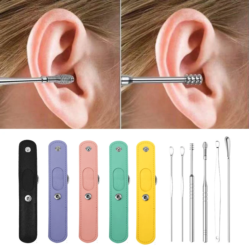 Cure-oreille en acier inoxydable, outil de suppression de cérumen, cuillère de nettoyage d\'oreille, dissolvant d\'avertissement, soins d\'oreille, 6