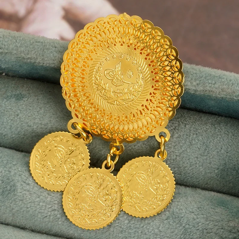 New Turkih Coin Brooch Pin Gold Pated Jewelry Pins for Women Arabic Middle East Wedding Brosch for Women Ethnic Bride Gifts