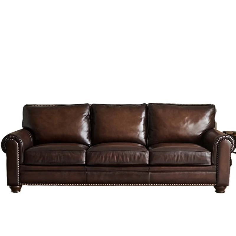 American retro leather sofa, first-layer cowhide four-person high-end straight-row sofa, living room furniture