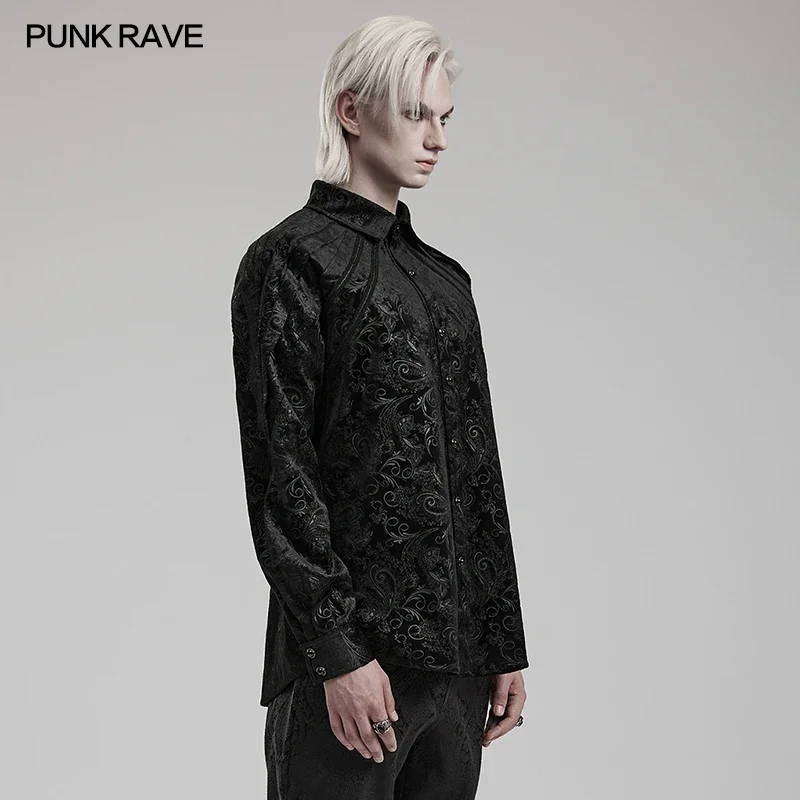 PUNK RAVE-Camisa Gótica Em Relevo Padrão para Homens, Pregas Ombro Design, Party Tops, Reunindo Roupas