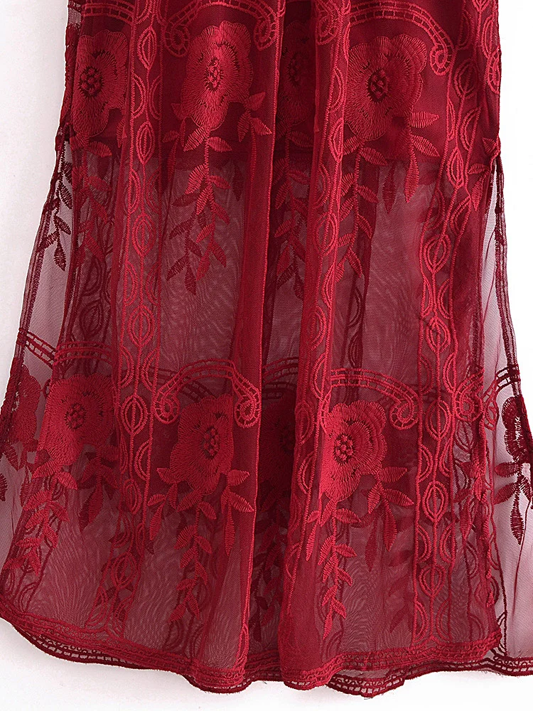 Vintage Chic Women Red Lace Short Sleeve Split Summer Beach Sexy Bohemian Maxi Dress Ladies Casual Boho Wedding Dresses Vestidos