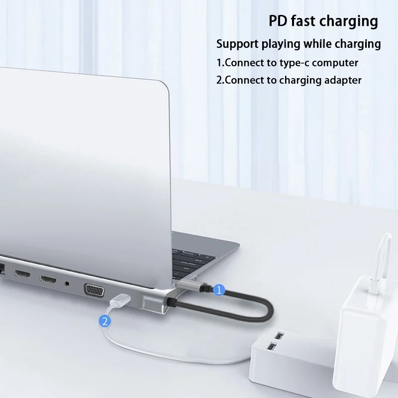 12in1 Type-c Docking Station to Dual HDMI*2 VGA Audio 3.5mm TF/SD Reader RJ45 Ethernet PD Charge USB-C HUB for Laptop Phone Tab