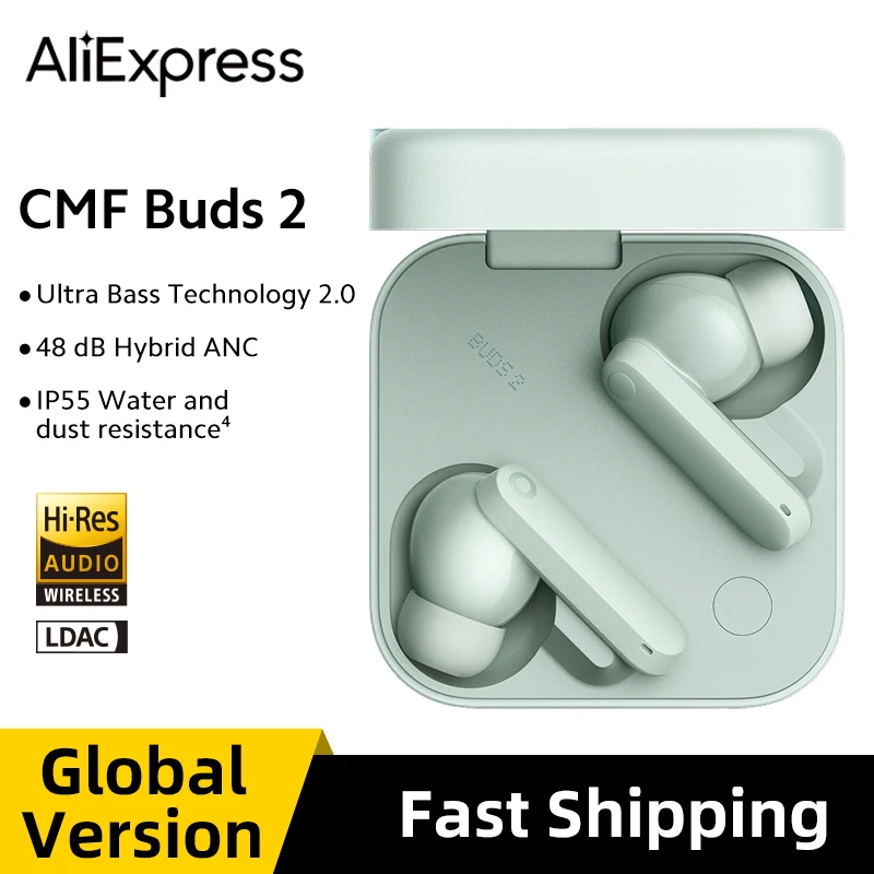 Spedizione veloce Versione globale CMF Buds 2 48 dB Hybrid ANC Auricolare IP55 Resistenza all'acqua e alla polvere 4 Driver PMI da 11 mm Bluetooth 5.4