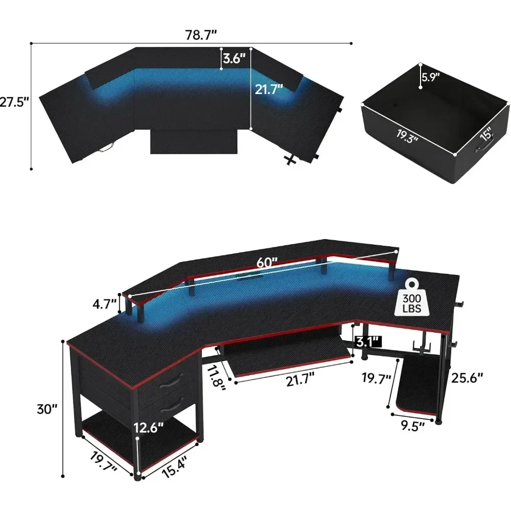 

79 Inch Gaming Table, Computer Desk with 2 Fabric Drawers and LED Lights, L-shaped Gaming Table with Storage Rack