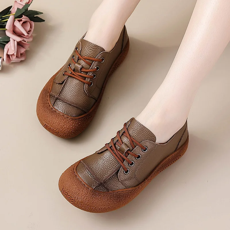 

New Women's Genuine Leather Flats Woman Tied Up Wide Head Sports Sneakers Vintage Comfortable Non-Slip Walking Driving Loafers