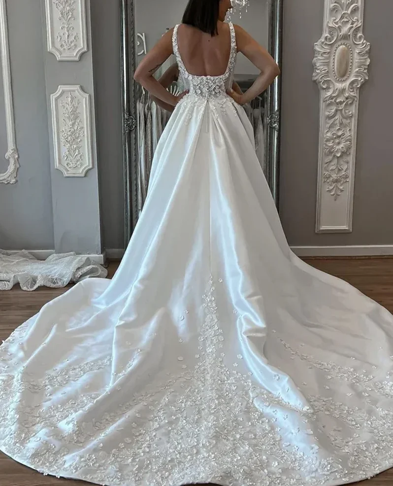 Elegant A-Line Wedding Dress 2026 Sweetheart Straps 3D Flowers Bead Satin Train Princess Bride Bridal Gowns Vestidos De Noiva