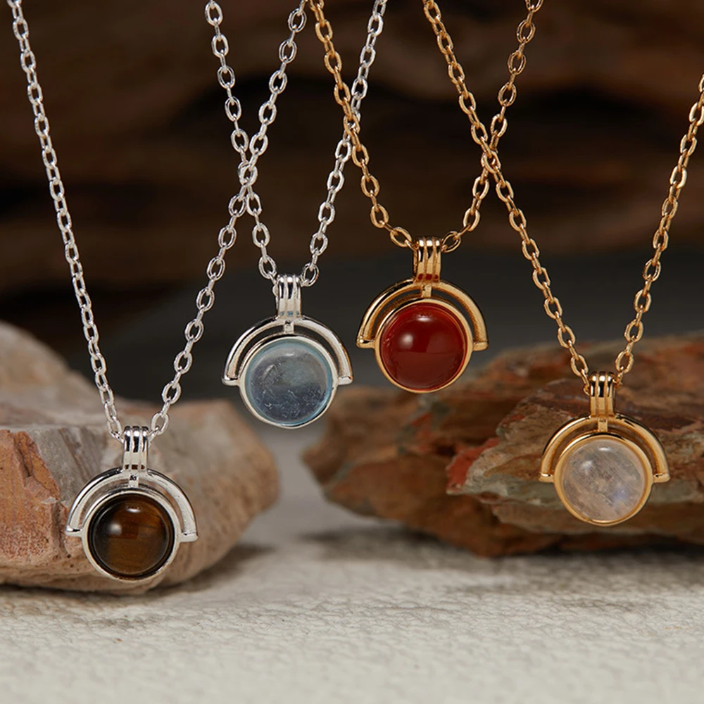 

﻿ S925 Sterling Silver Exquisite Jewelry Necklace Gift 2025 Colorful Natural Agate Tiger Eye Aquamarine Moonstone Pendant Women