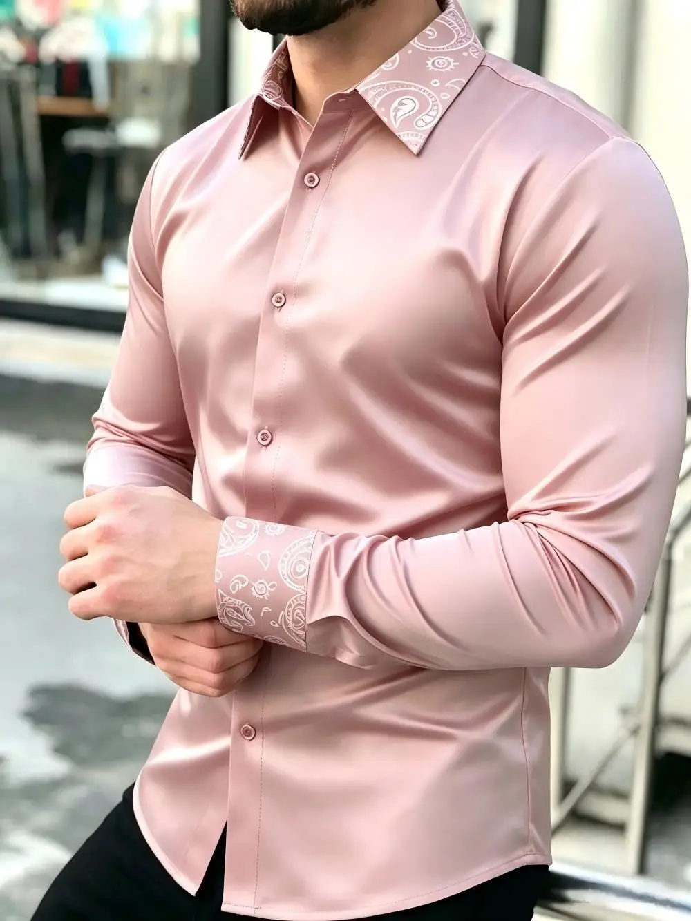 Men's Satin Long Sleeved Shirt, Autumn, Casual, Paisley Patterned Collar Shirt, Business and Social Gatherings
