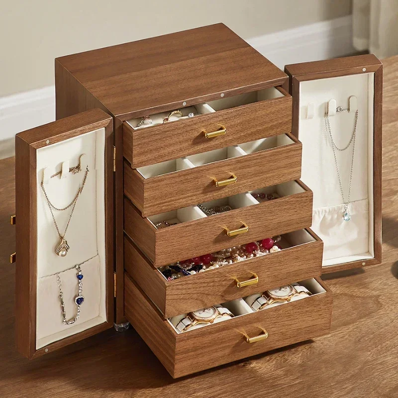 Double Door Makeup Organizer Five-Story High Capacity Jewelry Organizer with Walnut Wood Texture for Earrings Studs Necklace